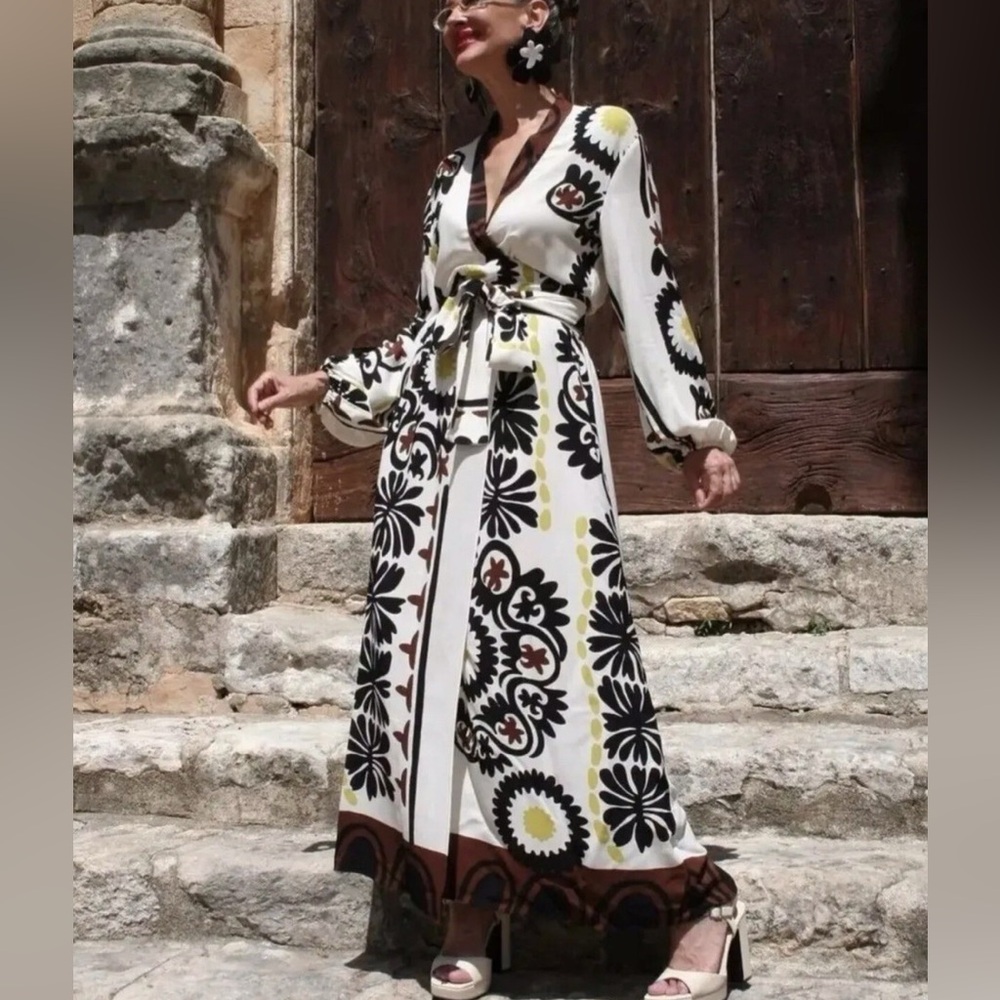 Zara printed wrap maxi gown long sleeve ecru dress - Picture 2 of 13